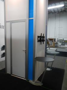 RENTAL: Island Rental with 14 ft. Tower, Lounge, Large Format Graphics, RE-1228 Curved Counter, RE-1219 Square Pedestal, and Blue Acrylic Accent Tiles and Infill Panels -- Image 4