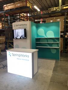 RENTAL: RE-1061 Gravitee Panel System Inline Design with Storage Closet with Locking Door, Large Monitor Mount, 43&rdquo; Monitor, RE-1567 Backlit Reception Counter, SEG Fabric Graphics