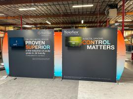 RENTAL: RE-2044 Sunrise Inline Design with (2) Large SEG Fabric Graphics, Direct Print Sintra Accent Wing Graphics, (2) Monitor Mounts, and (2) 32&rdquo; Monitors, and (4) LED Arm Lights