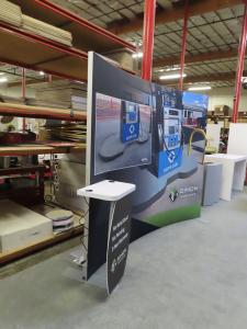 SYK-1013 Symphony Portable Display with Curved Concave Frame, SEG Fabric Graphic, Backwall Workstation, and Wireless Charging Pads -- View 3