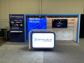 RENTAL: Modified RE-2149 Inline Design with Gravitee Storage Closet with Locking Door, 75" Wide x 95" High Single-Sided Lightbox, Gravitee Backwall with Right Return Panel, Extrusion Beams with Edison Accent String Lighting, Front Extrusion Framework for