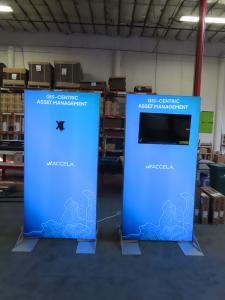 (2) Modified MOD-1660 Backlit Lightbox Monitor Stands with Monitor Mounts and (2) MOD-1737 Backlit Counters with Wireless Charging Pads and Locking Storage -- View 3