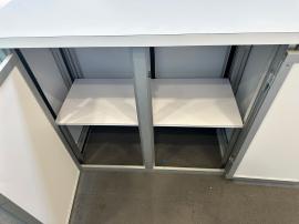 RENTAL: Inline Design with Gravitee Panel System Backwall, (6) 28" Wide x 10" Deep White Laminated Shelves, Large Monitor Mount, 43" Monitor, (6) LED Arm Lights, RE-1558 Gravitee Reception Counter, SEG Fabric Graphics -- View 4