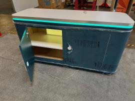 Custom Counter with RGBW LED Lights, Rounded Corners, Push-thru Backlit Logo, and Locking Storage and Freestanding Sign with LED Accent Lights -- View 2