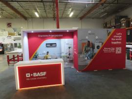 Custom Gravitee Modular Island/Inline with Tension Fabric Graphics, Closet Storage, Monitor Mount, Wood Canopy, and Custom Reception Counter with LED Accent Lights and Locking Storage