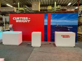 RENTAL: RE-2118 Inline Design with 232" W x 96" H Backwall Frame, (2) RE-1576 White Laminated Reception Counters with Recessed RGB Accent Lighting, RE-1575 White Laminated Workstation Counters with Recessed RGB Accent Lighting, RE-171 Litera