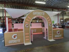Custom Event Pavillion with Extensive RGBW Programmable LED Lights, Arch with Motion Lighting, Canopy, Bar/Serving Counter, Storage Counter with Shelves, Perimeter Walls with Swinging Doors, 3D Letters, and Photo Op Wall
